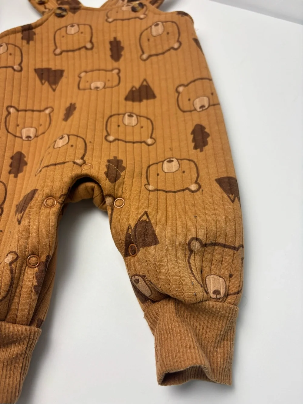 Brown Bear Print Ribbed Overalls Matching Set with Cream Dino Tee